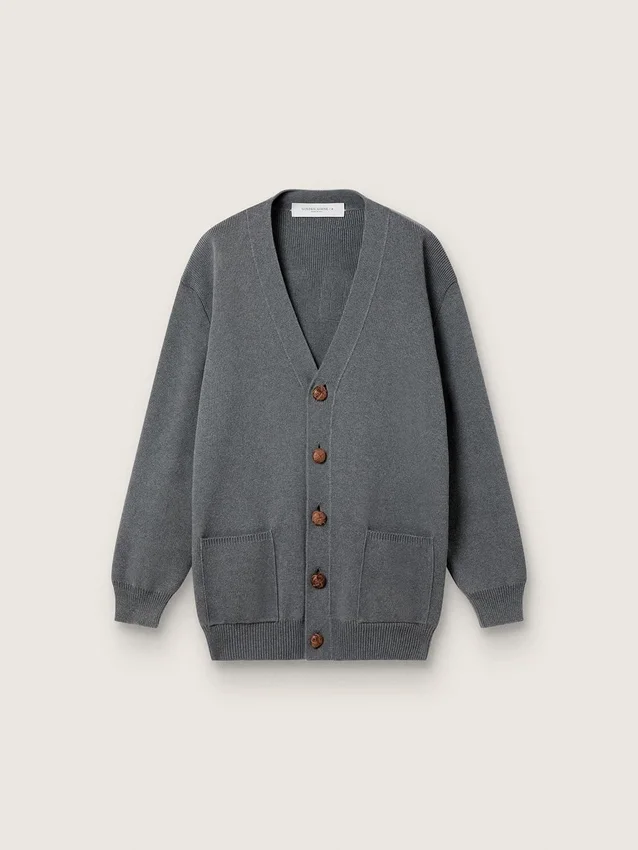 Cardigan din bumbac gri melanj pentru femei, cu logo pe spate