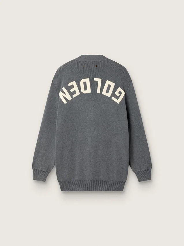 Cardigan din bumbac gri melanj pentru femei, cu logo pe spate