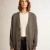 Cardigan din bumbac gri melanj pentru femei, cu logo pe spate
