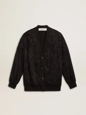 Cardigan negru pentru femei cu broderie cu mărgele în stil „toile de jouy” ton pe ton