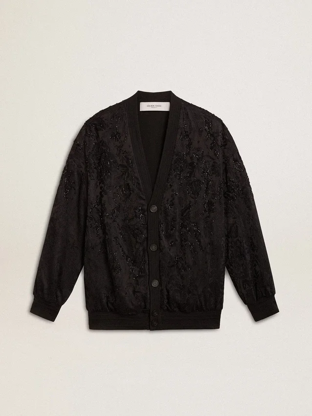 Cardigan negru pentru femei cu broderie cu mărgele în stil „toile de jouy” ton pe ton