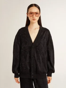 Cardigan negru pentru femei cu broderie cu mărgele în stil „toile de jouy” ton pe ton