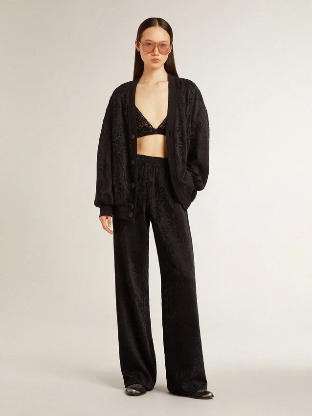 Cardigan negru pentru femei cu broderie cu mărgele în stil „toile de jouy” ton pe ton