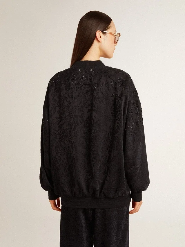 Cardigan negru pentru femei cu broderie cu mărgele în stil „toile de jouy” ton pe ton