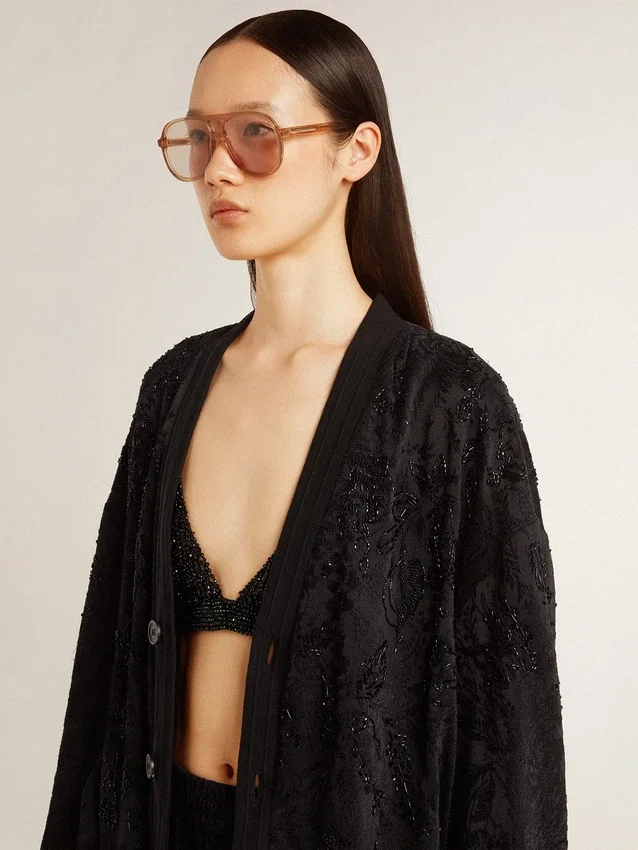 Cardigan negru pentru femei cu broderie cu mărgele în stil „toile de jouy” ton pe ton
