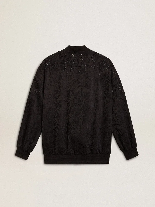 Cardigan negru pentru femei cu broderie cu mărgele în stil „toile de jouy” ton pe ton