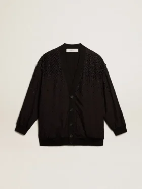 Cardigan negru pentru femei cu broderie în nuanțe