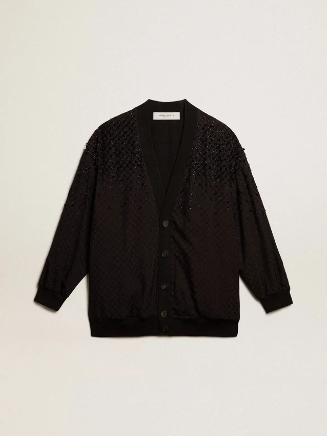 Cardigan negru pentru femei cu broderie în nuanțe