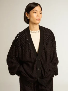 Cardigan negru pentru femei cu broderie în nuanțe