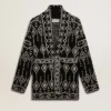 Cardigan negru pentru femei, cu curea și cristale