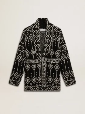 Cardigan negru pentru femei, cu curea și cristale