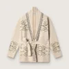 Cardigan pentru femei cu centură, din amestec de lână bej, cu broderie contrastantă