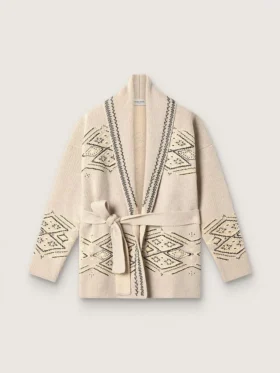 Cardigan pentru femei cu centură, din amestec de lână bej, cu broderie contrastantă
