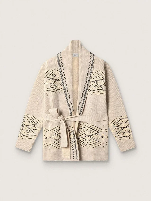 Cardigan pentru femei cu centură, din amestec de lână bej, cu broderie contrastantă