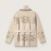 Cardigan pentru femei cu centură, din amestec de lână bej, cu broderie contrastantă