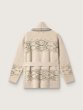Cardigan pentru femei cu centură, din amestec de lână bej, cu broderie contrastantă