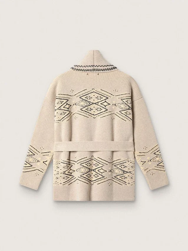 Cardigan pentru femei cu centură, din amestec de lână bej, cu broderie contrastantă