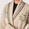 Cardigan pentru femei cu centură, din amestec de lână bej, cu broderie contrastantă