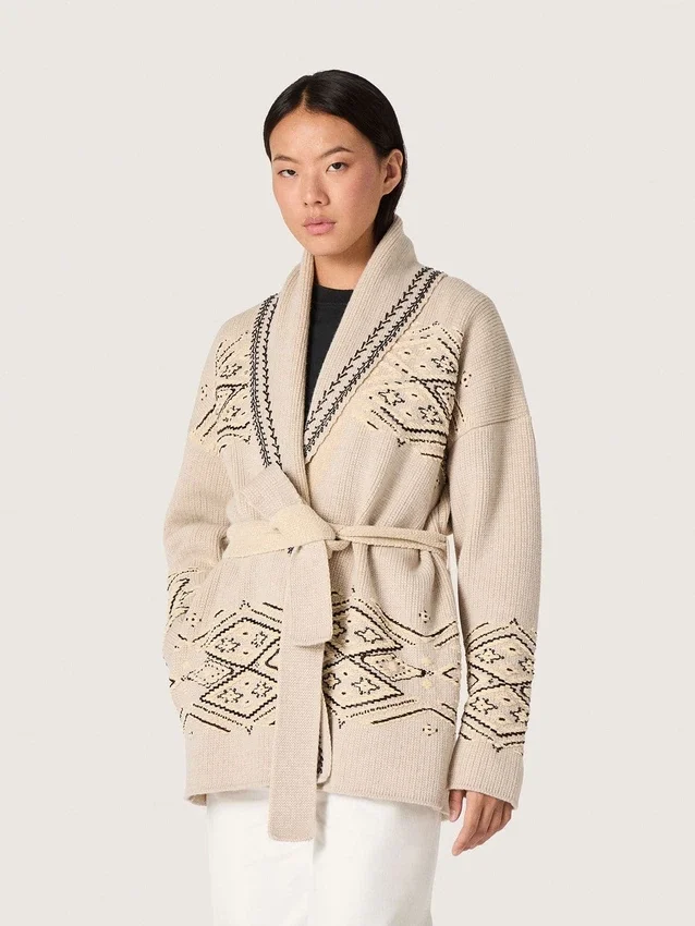Cardigan pentru femei cu centură, din amestec de lână bej, cu broderie contrastantă