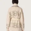 Cardigan pentru femei cu centură, din amestec de lână bej, cu broderie contrastantă