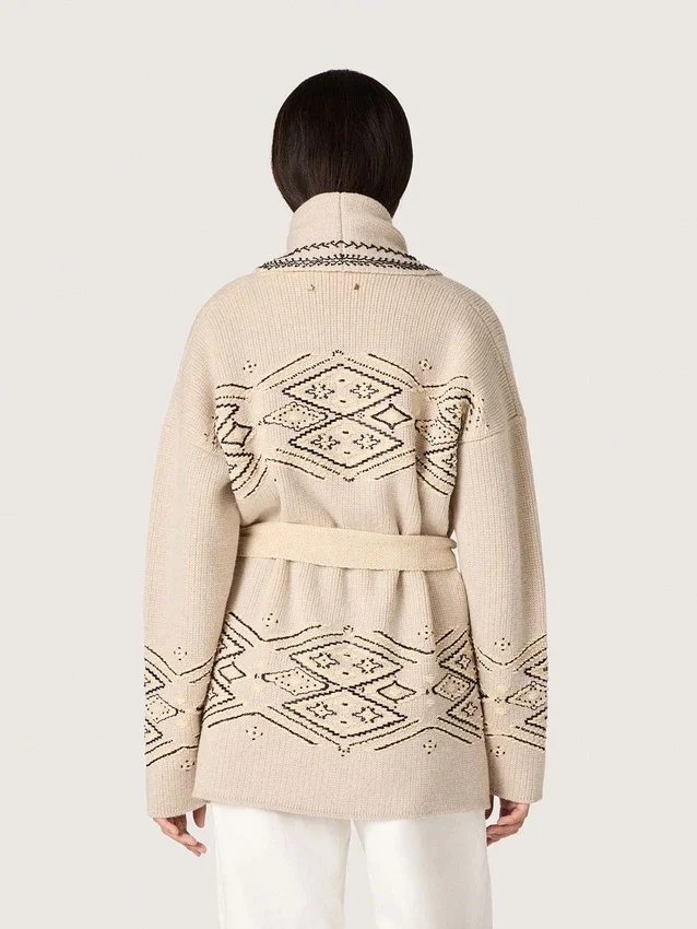 Cardigan pentru femei cu centură, din amestec de lână bej, cu broderie contrastantă
