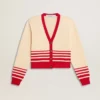 Cardigan pentru femei, de culoare crem, cu dungi roșii