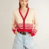 Cardigan pentru femei, de culoare crem, cu dungi roșii