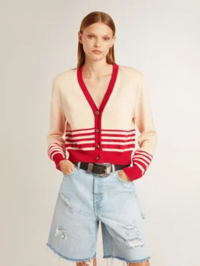 Cardigan pentru femei, de culoare crem, cu dungi roșii