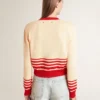 Cardigan pentru femei, de culoare crem, cu dungi roșii