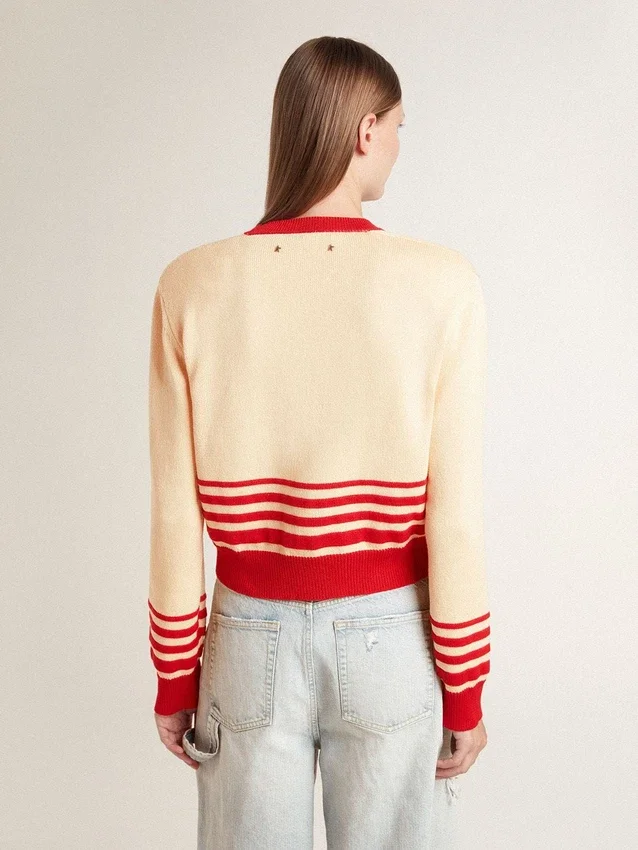 Cardigan pentru femei, de culoare crem, cu dungi roșii