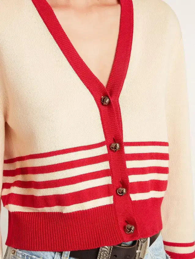 Cardigan pentru femei, de culoare crem, cu dungi roșii