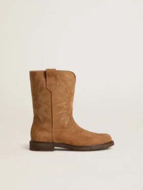 Cizme Wish Junior din piele de căprioară de culoare camel, cu broderie în formă de stea