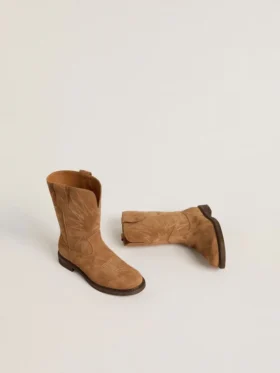 Cizme Wish Junior din piele de căprioară de culoare camel, cu broderie în formă de stea
