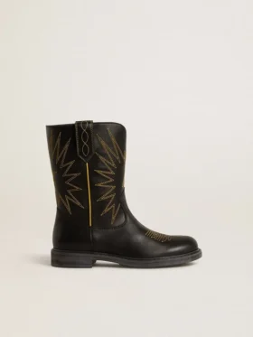 Cizme Wish Junior din piele neagră cu broderie în formă de stea galbenă