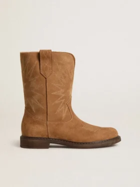 Cizme Wish Teen din piele de căprioară de culoare camel, cu broderie în formă de stea