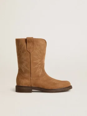 Cizme Wish Young din piele de căprioară de culoare camel, cu broderie în formă de stea