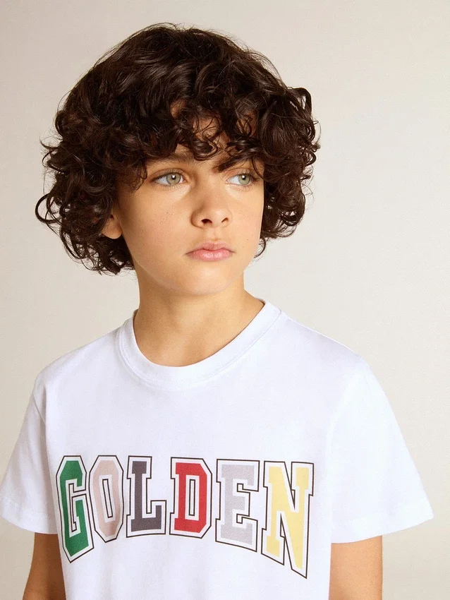 Cămășă albă pentru băieți cu imprimeu multicolor „Golden”