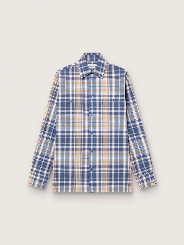 Cămășă oversized pentru bărbați din bumbac cu carouri indigo și bej
