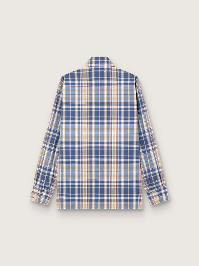 Cămășă oversized pentru bărbați din bumbac cu carouri indigo și bej