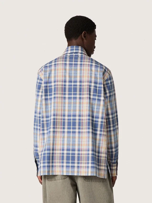 Cămășă oversized pentru bărbați din bumbac cu carouri indigo și bej