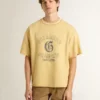 Cămășă oversized pentru bărbați din bumbac galben, cu imprimeu albastru