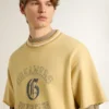 Cămășă oversized pentru bărbați din bumbac galben, cu imprimeu albastru