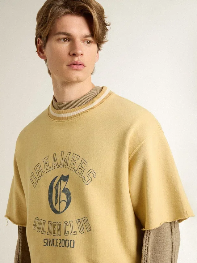 Cămășă oversized pentru bărbați din bumbac galben, cu imprimeu albastru