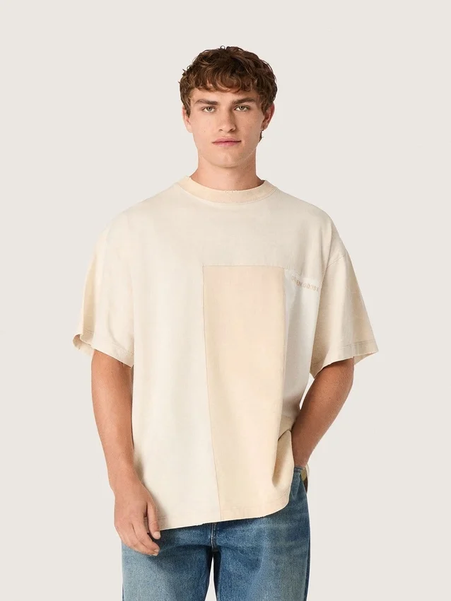 Cămășă pentru bărbați din jersey de bumbac cu efect de patchwork alb și bej