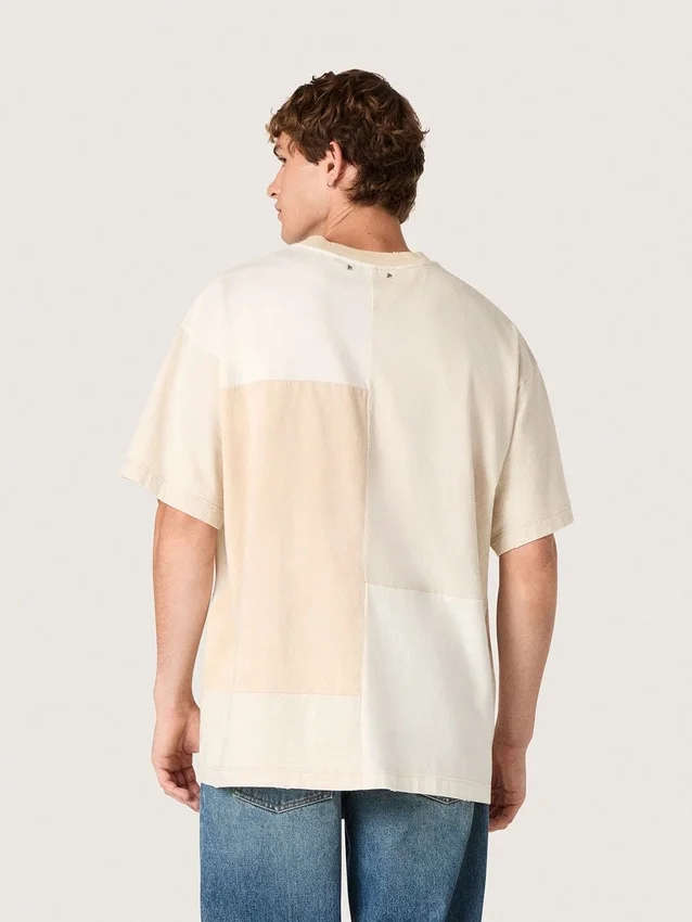 Cămășă pentru bărbați din jersey de bumbac cu efect de patchwork alb și bej