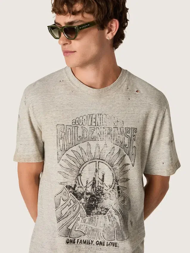 Cămășă pentru bărbați din jersey gri melanj cu imprimeu vintage