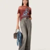 Cămășă pentru femei din jersey de bumbac de culoare ruginie, cu imprimeu floral