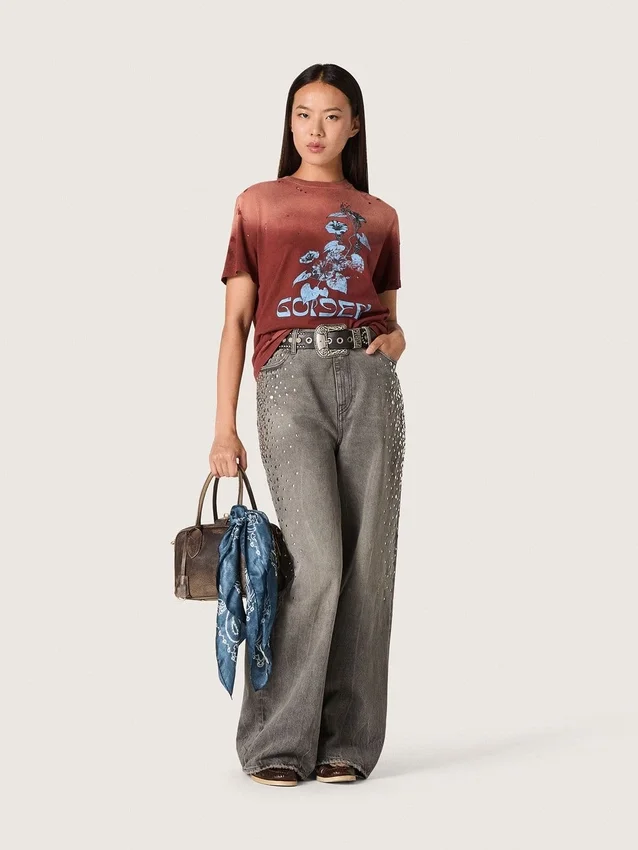 Cămășă pentru femei din jersey de bumbac de culoare ruginie, cu imprimeu floral
