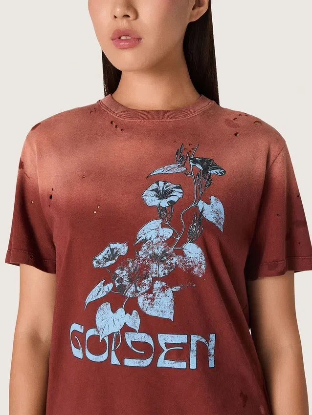 Cămășă pentru femei din jersey de bumbac de culoare ruginie, cu imprimeu floral