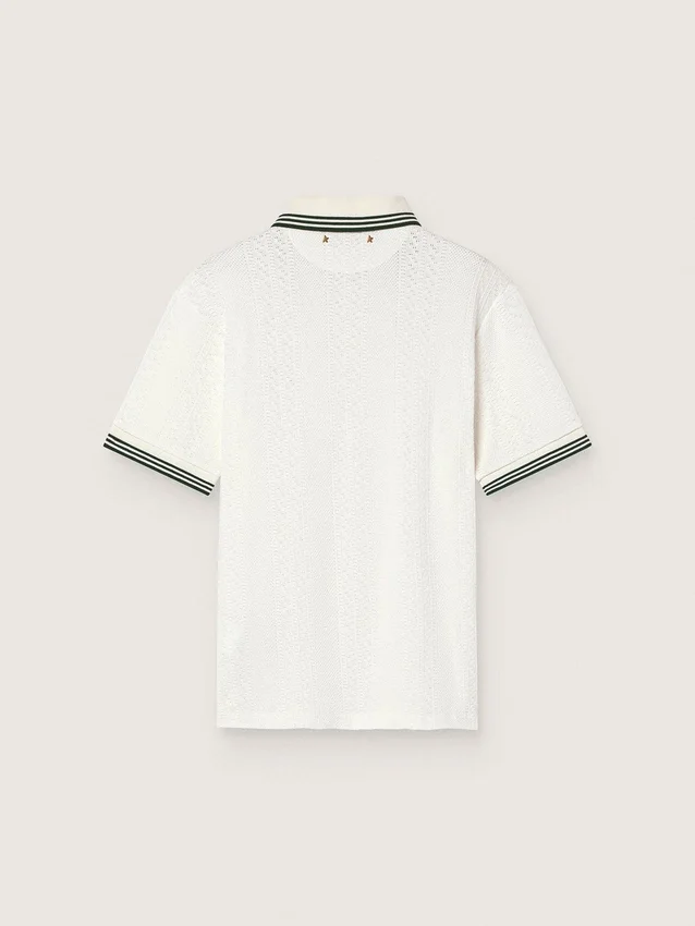 Cămășă polo albă din bumbac pentru bărbați, cu model jacquard ajurat